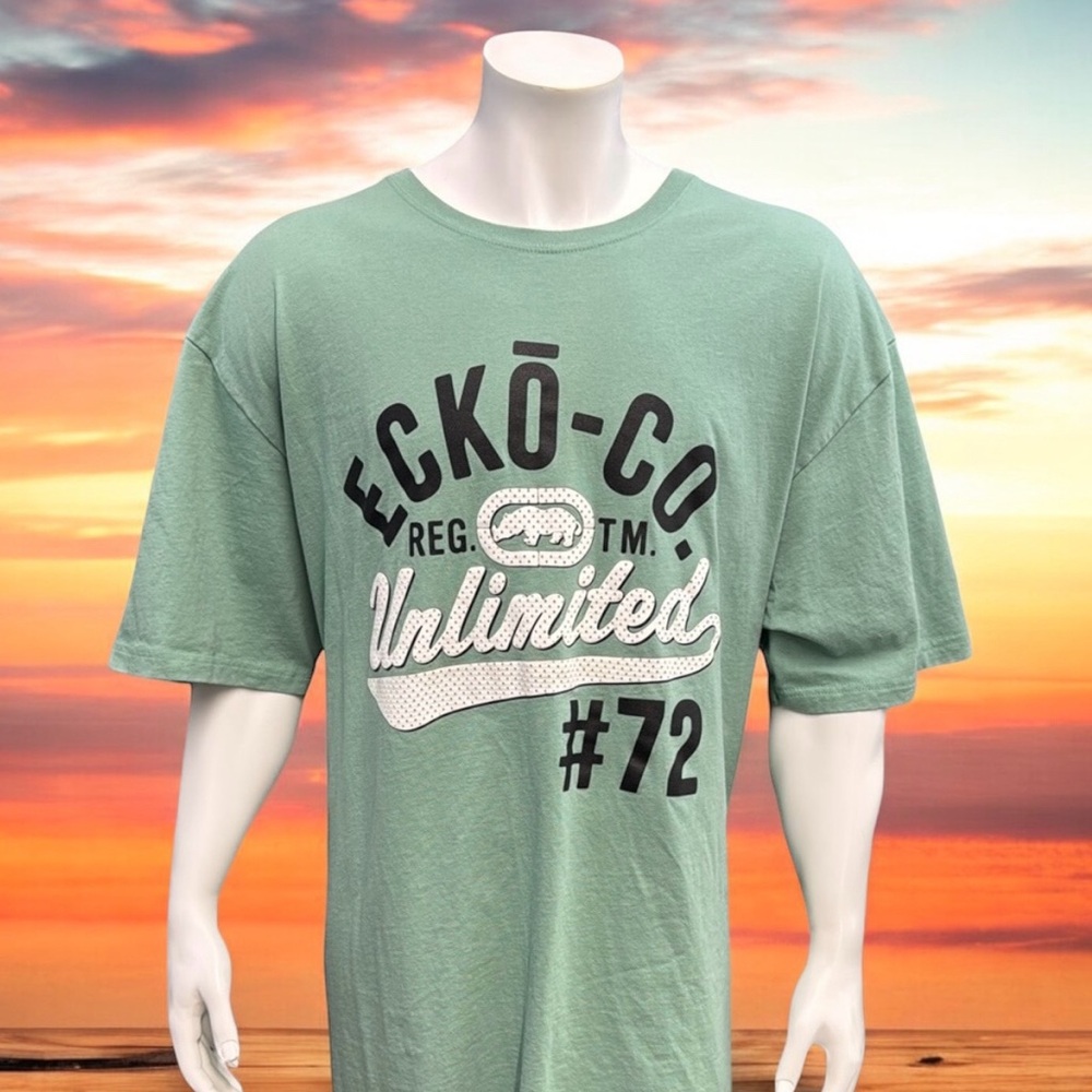 Ecko Unltd "Rawthentic" Green Black White Spell Out Rhino Graphic T-Shirt 3XB 3X